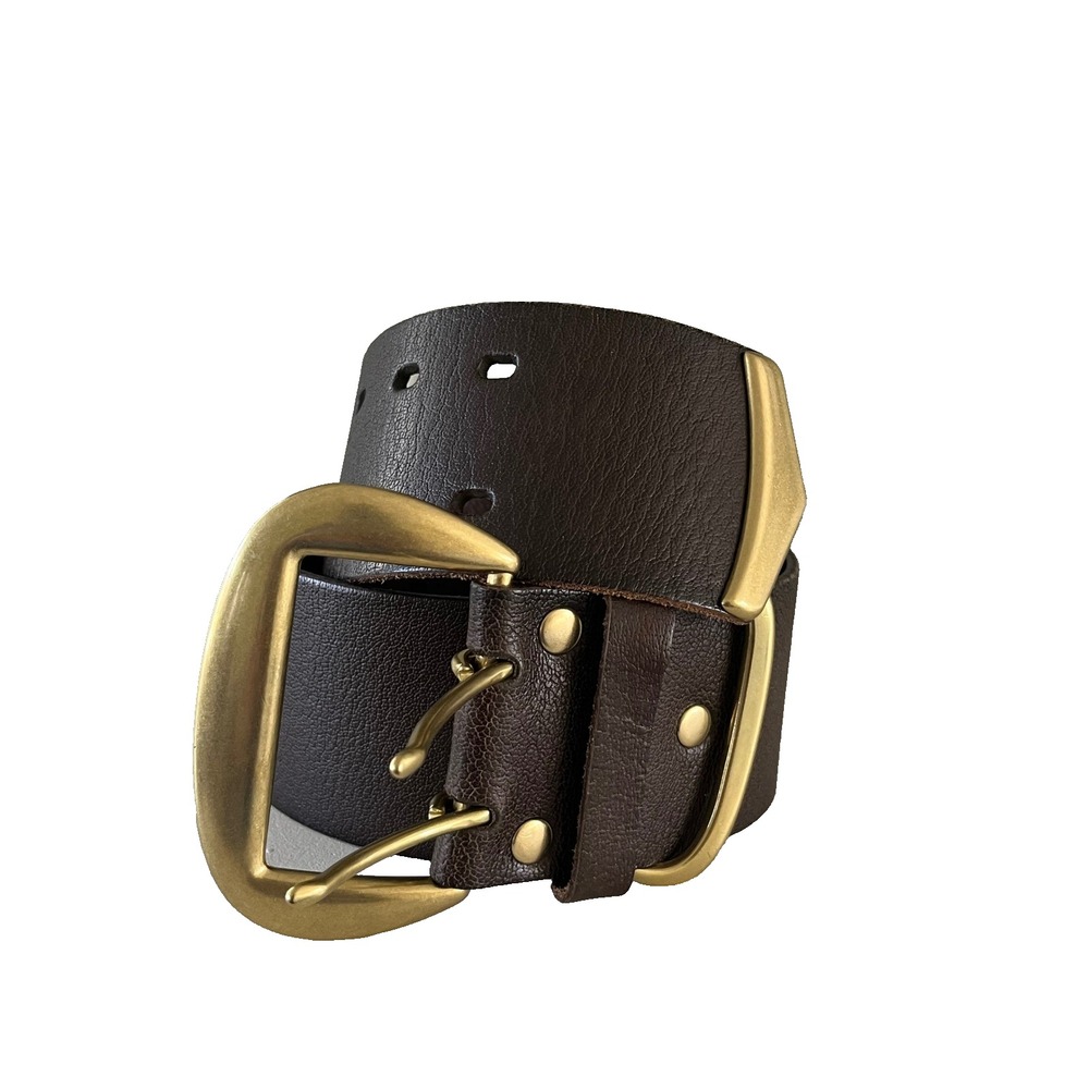 Linea Pelle Leather Wide Statement Belt Brass Buckle Dark Brown,‎ Size Small